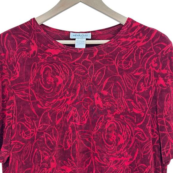 Vintage Y2K Slinky Deep Red Floral Monochromatic Short Sleeve Top Womens Medium - Picture 2 of 7